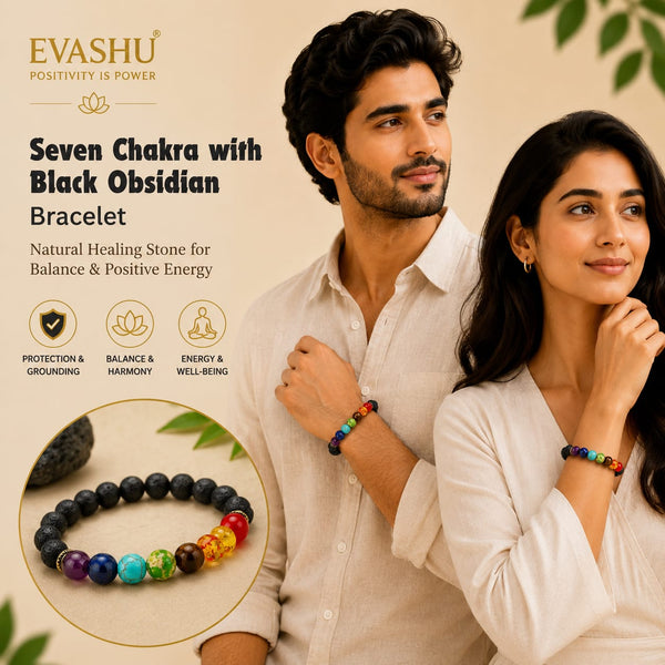 7 Chakra Bracelet with Black Obsidian – Natural Stone Bracelet for Protection, Balance & Everyday Wear | Unisex Crystal Jewellery