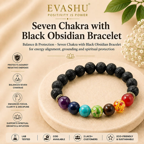 7 Chakra Bracelet with Black Obsidian – Natural Stone Bracelet for Protection, Balance & Everyday Wear | Unisex Crystal Jewellery