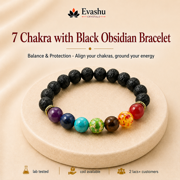 Certified Natural 7 Chakra with Black Obsidian Bracelet - Chakra Alignment & Negativity Block