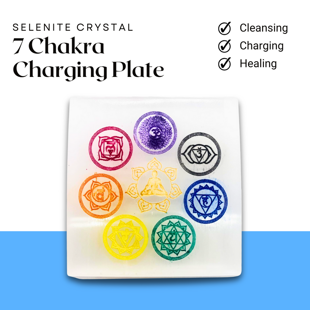Square Selenite Seven Chakra Crystal Charging Plate for Crystal Cleansing, Reiki Healing, Meditation, and Spiritual Growth
