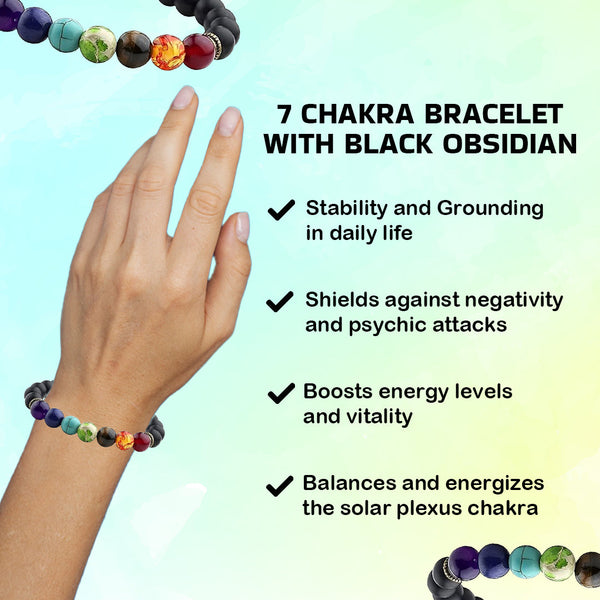 Certified 7 Chakra Crystal Bracelet with Black Obsidian – Energy Healing & Spiritual Balance | Unisex