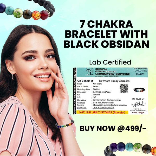 Certified 7 Chakra Crystal Bracelet with Black Obsidian – Energy Healing & Spiritual Balance | Unisex