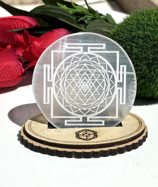 Selenite Plate Engraved Shri Yantra — Healing Stone for Crystal Cleansing, Recharging, Meditation & Pooja (3 Inches Round)
