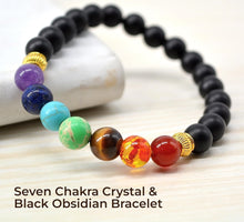 Load image into Gallery viewer, 7 Chakra Crystal &amp; Black Obsidian Beads Bracelet for Men &amp; Women: Purifying &amp; Balancing Purpose
