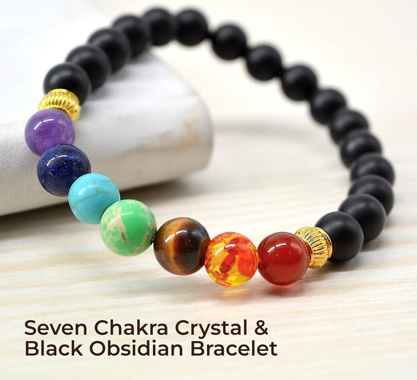 7 Chakra Crystal & Black Obsidian Beads Bracelet for Men & Women — Healing Stone for Energy Cleansing, Chakra Balancing & Spiritual Growth