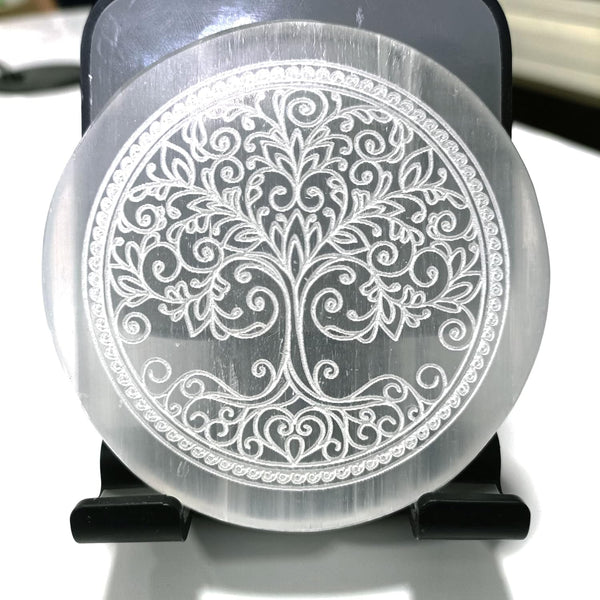 Selenite Charging Plate Engraved with Flower of Life — Healing Stone for Reiki & Crystal Meditatio