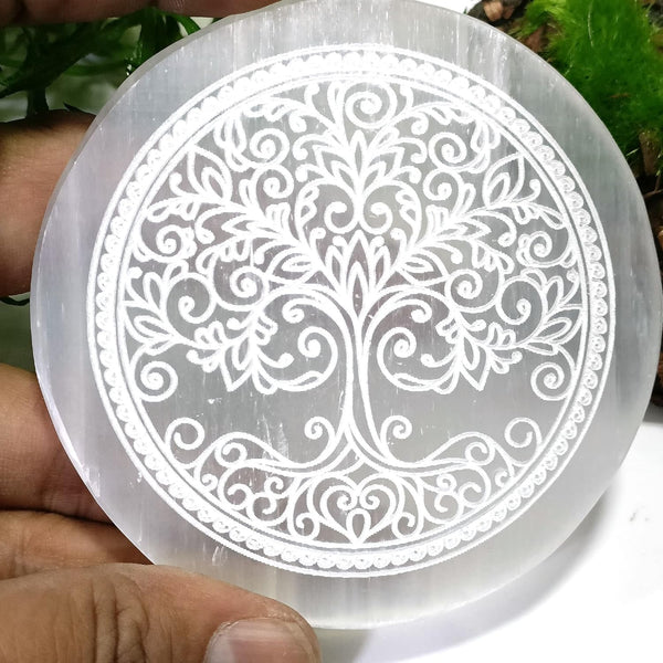 Selenite Charging Plate Engraved with Flower of Life — Healing Stone for Reiki & Crystal Meditatio