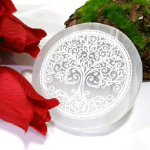 Load image into Gallery viewer, Selenite Charging Plate Engraved with Flower of Life — Healing Stone for Reiki &amp; Crystal Meditatio

