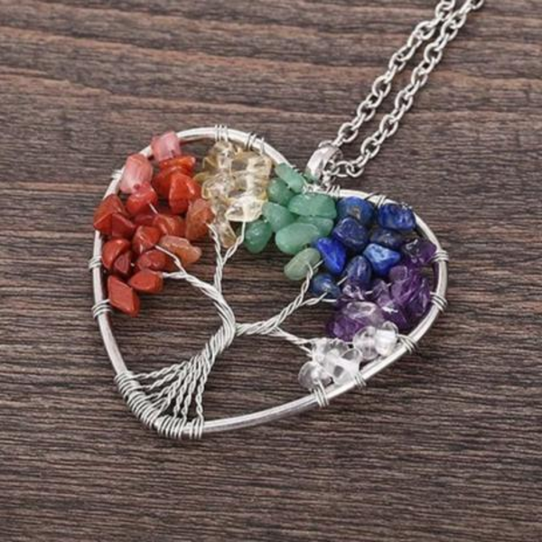 Heart-Shaped 7 Chakra Tree Pendant – Healing Crystals Necklace | Crystal Pendant Chain