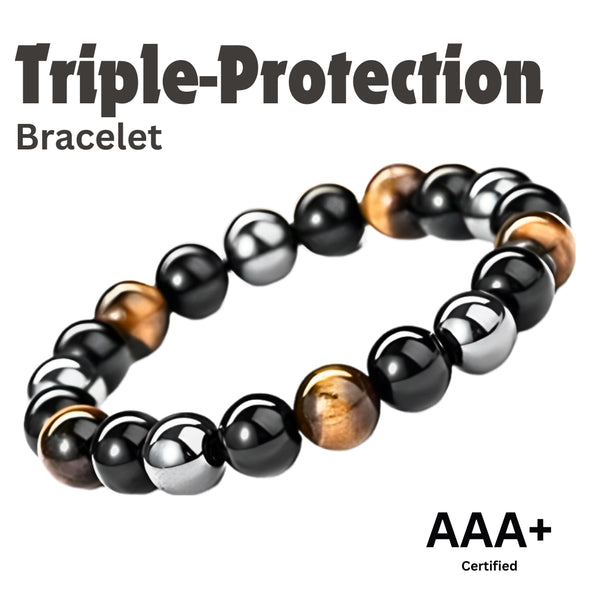 Triple Protection Bracelet – Hematite, Black Obsidian & Tiger’s Eye | Balance, Protection & Positive Energy