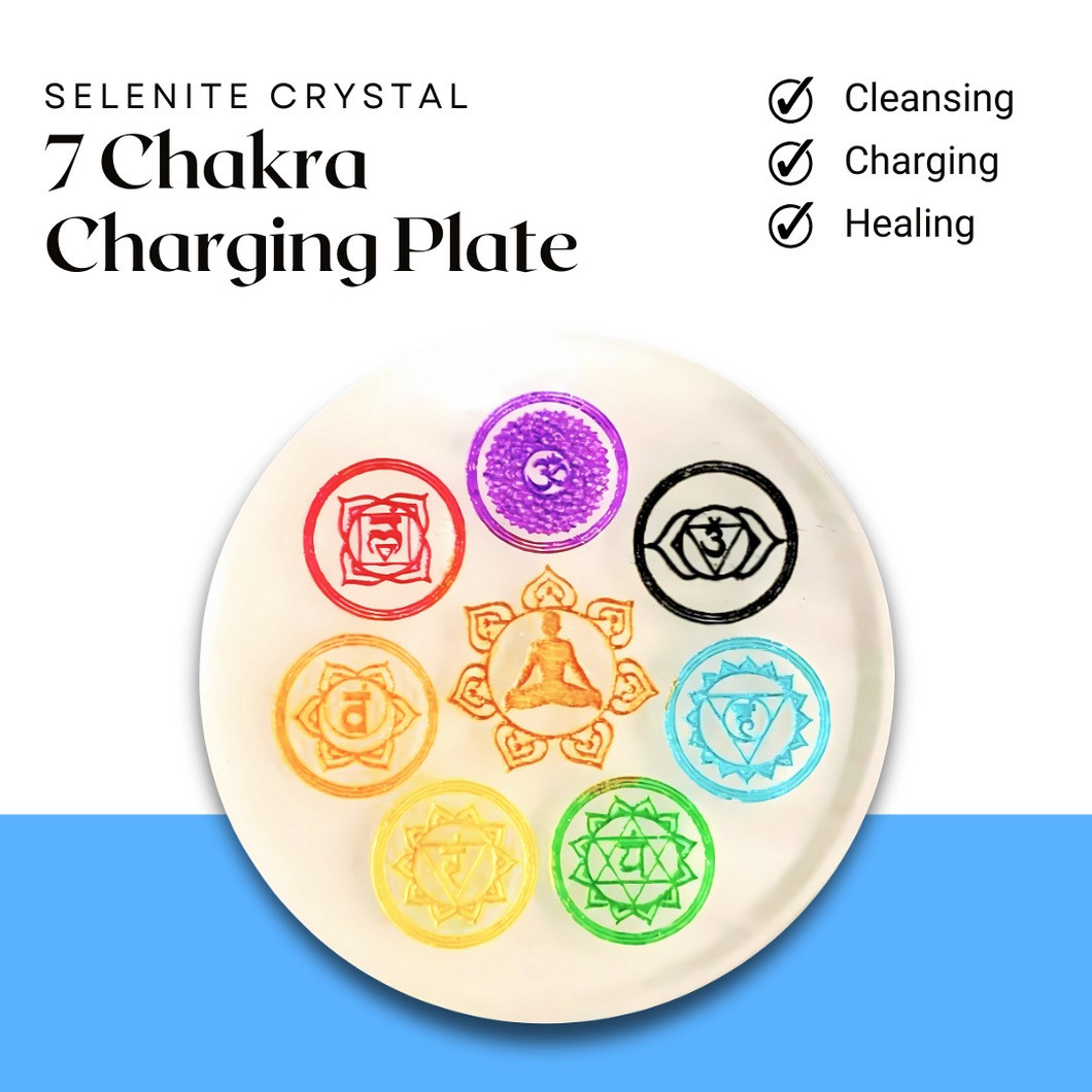 Seven Chakra Selenite Round Plate for Energy Healing & Meditation