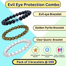 Load image into Gallery viewer, Close-up of Evil eye, Golden Pyrite and Clear Quartz bracelet showing intricate details and natural Evil eye, Golden Pyrite and Clear Quartz stone.
