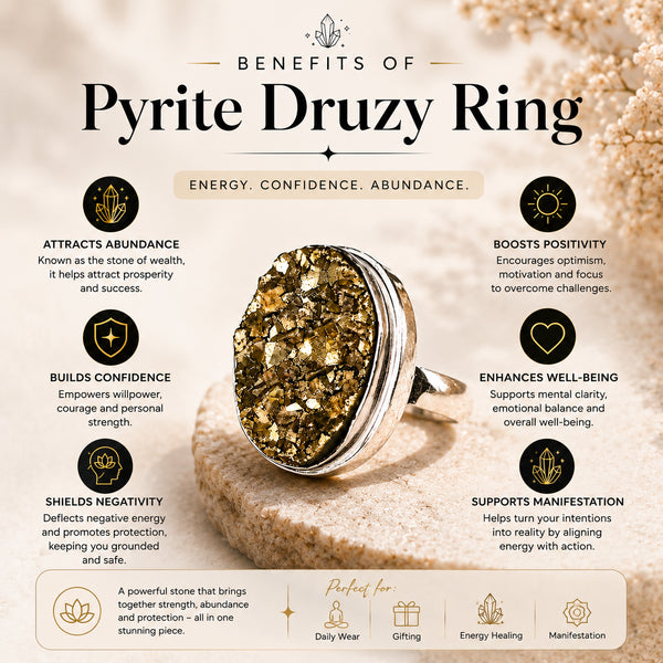 Certified Original Pyrite Ring – Adjustable Natural Stone Ring for Confidence, Prosperity & Everyday Wear | Unisex Crystal Jewellery