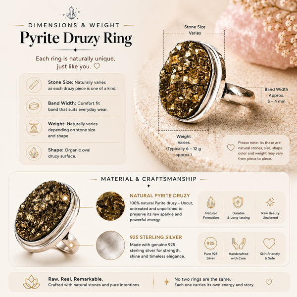 Certified Original Pyrite Ring – Adjustable Natural Stone Ring for Confidence, Prosperity & Everyday Wear | Unisex Crystal Jewellery