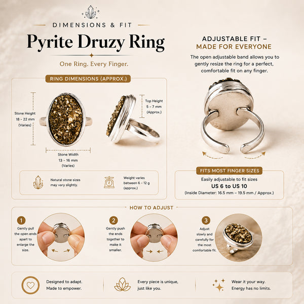 Certified Original Pyrite Ring – Adjustable Natural Stone Ring for Confidence, Prosperity & Everyday Wear | Unisex Crystal Jewellery