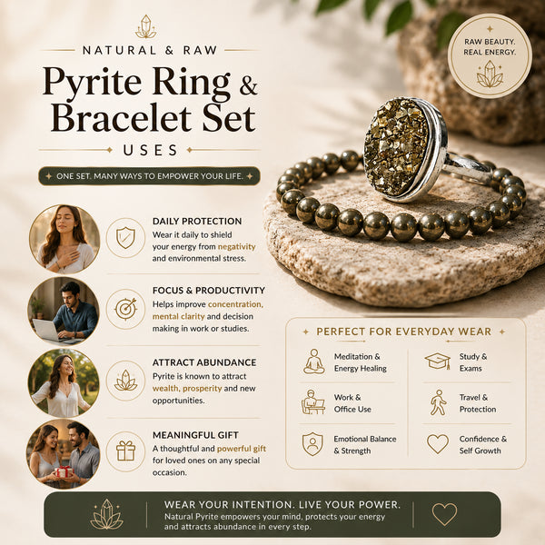 Pyrite Ring & Pyrite Bracelet Set – Natural Crystal Jewellery Combo for Confidence, Protection & Everyday Wear | Unisex Gift Set