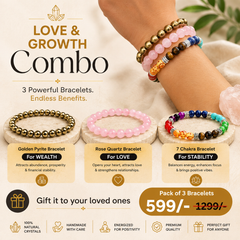 Love & Growth Combo of 3 Crystal Bracelets – Pyrite, Rose Quartz & 7 Chakra Bracelet Set | Unisex Daily Wear & Gifting Combo