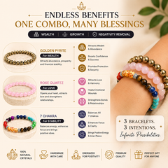 Love & Growth Combo of 3 Crystal Bracelets – Pyrite, Rose Quartz & 7 Chakra Bracelet Set | Unisex Daily Wear & Gifting Combo