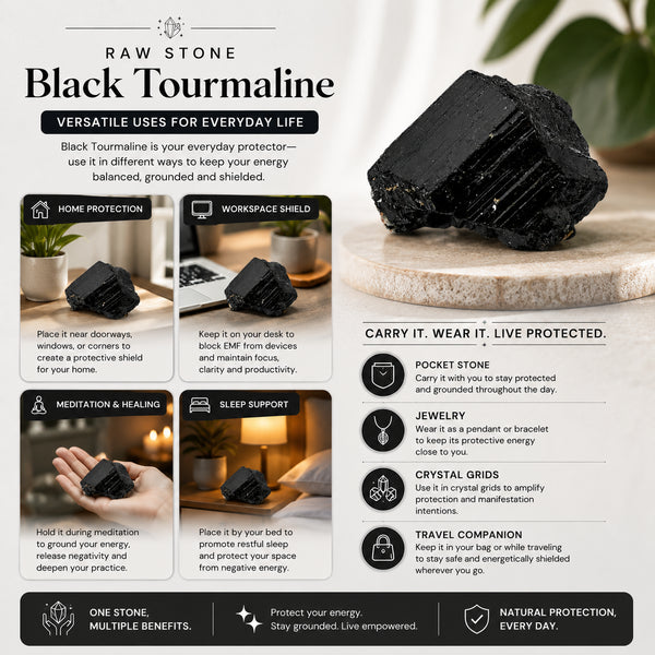 Black Tourmaline Stone – Natural Crystal for Grounding, Protection & Positive Space Décor | Healing Crystal for Home, Meditation & Gifting