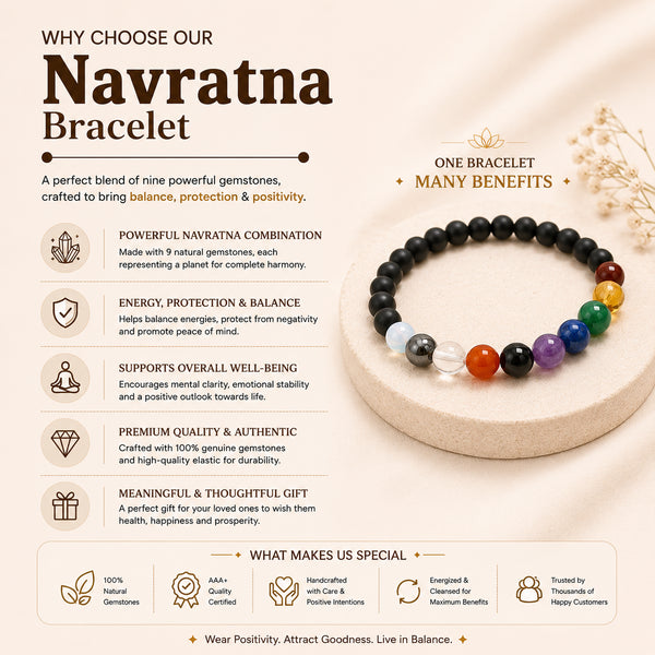 Pack of 2 Navratna Bracelet – Natural 9 Gemstone Bracelet for Balance, Harmony & Everyday Wear | Unisex Crystal Jewellery