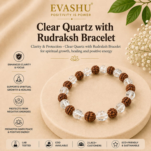 Clear Quartz & Rudraksha Bracelet – Natural Beaded Bracelet for Clarity, Balance & Everyday Wear | Unisex Spiritual Jewellery