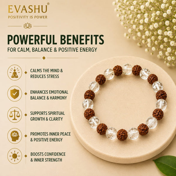 Clear Quartz & Rudraksha Bracelet – Natural Beaded Bracelet for Clarity, Balance & Everyday Wear | Unisex Spiritual Jewellery