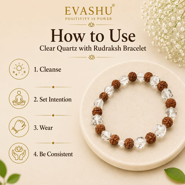 Clear Quartz & Rudraksha Bracelet – Natural Beaded Bracelet for Clarity, Balance & Everyday Wear | Unisex Spiritual Jewellery