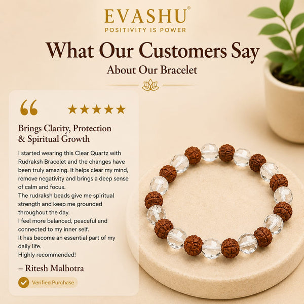 Clear Quartz & Rudraksha Bracelet – Natural Beaded Bracelet for Clarity, Balance & Everyday Wear | Unisex Spiritual Jewellery