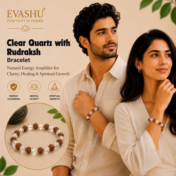 Clear Quartz & Rudraksha Bracelet – Natural Beaded Bracelet for Clarity, Balance & Everyday Wear | Unisex Spiritual Jewellery