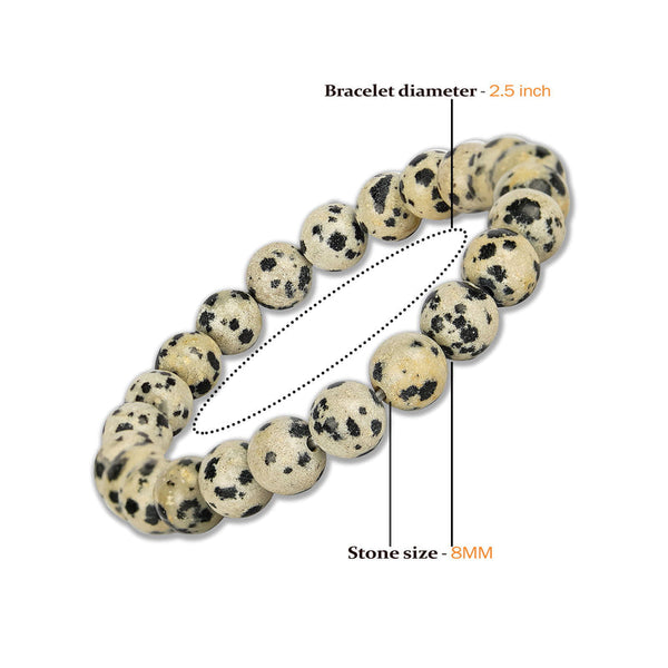 The Dalmation Jasper bracelet with a focus on its vibrant color and unique texture.