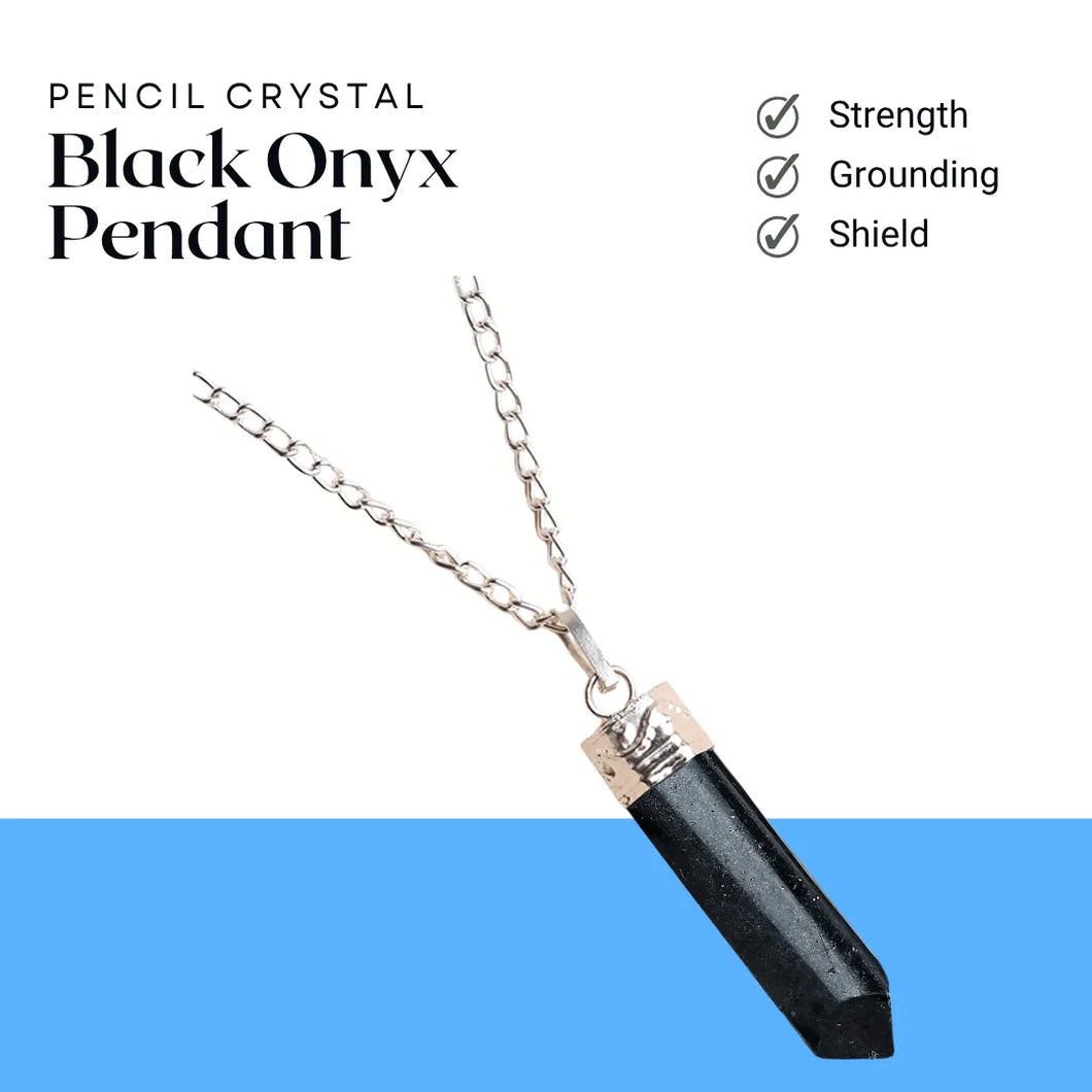Minimalist shot of a Black Tourmaline pencil pendant on a white background featuring a light blue lower section