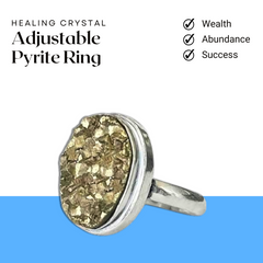 Certified Original Pyrite Ring for Women and Men - Real Pyrite Stone for Wealth, Abundance & Success - Adjustable Fit