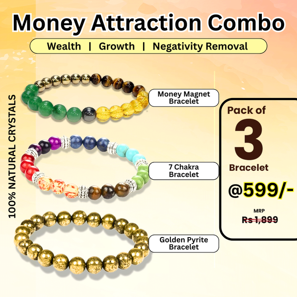 Money Attraction Combo of 3 Natural Crystal Bracelets For Gifting - Pack of 3 - Pyrite Bracelet + Money Magnet + Seven Chakra
