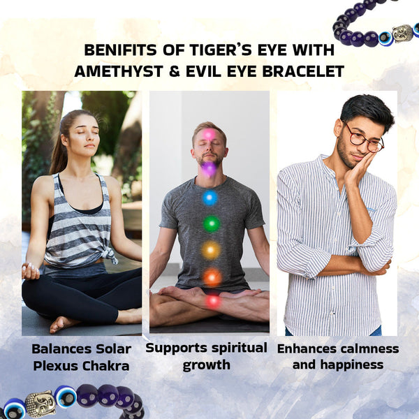 Strength & Balance - Tiger Eye, Amethyst, and Evil Eye Bracelet for men, women, and kids