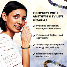 Load image into Gallery viewer, Strength &amp; Balance - Tiger Eye, Amethyst, and Evil Eye Bracelet for men, women, and kids
