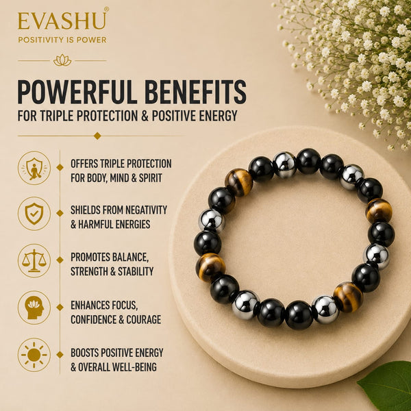 Triple Protection Bracelet – Natural Beaded Bracelet for Balance, Protection & Positive Energy | Unisex Crystal Jewellery