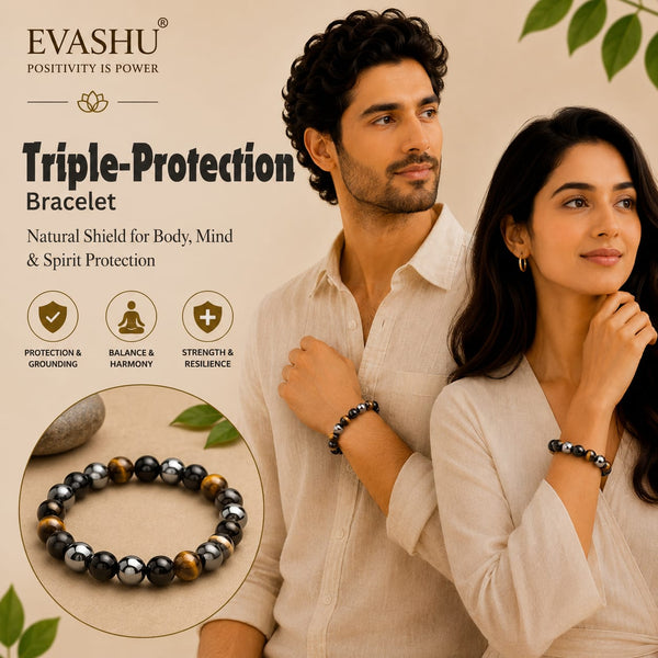 Triple Protection Bracelet – Natural Beaded Bracelet for Balance, Protection & Positive Energy | Unisex Crystal Jewellery