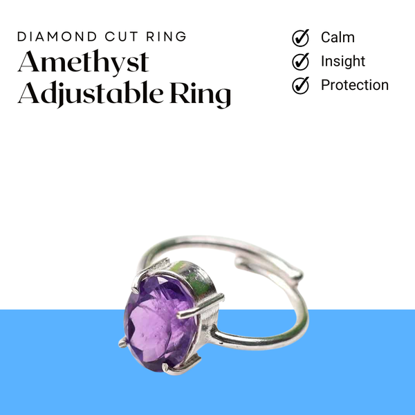 Amethyst diamond cut oval ring symbolizing calm, spiritual insight and strong protection for inner peace and clarity.