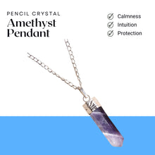 Load image into Gallery viewer, Amethyst Pendant – Pencil Necklace for Calmness, Intuition &amp; Spiritual Growth - Front View | Natural Amethyst, Seven Chakra Crystal Pendant for Success, Confidence &amp; Career Growth
