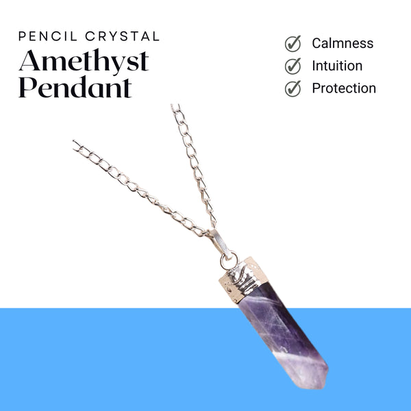 Amethyst Pendant – Pencil Necklace for Calmness, Intuition & Spiritual Growth - Front View | Natural Amethyst, Seven Chakra Crystal Pendant for Success, Confidence & Career Growth