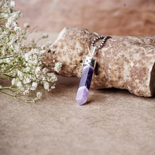 Load image into Gallery viewer, Amethyst Pendant – Pencil Necklace for Calmness, Intuition &amp; Spiritual Growth - Side View | Natural Amethyst, Seven Chakra Crystal Pendant for Success, Confidence &amp; Career Growth
