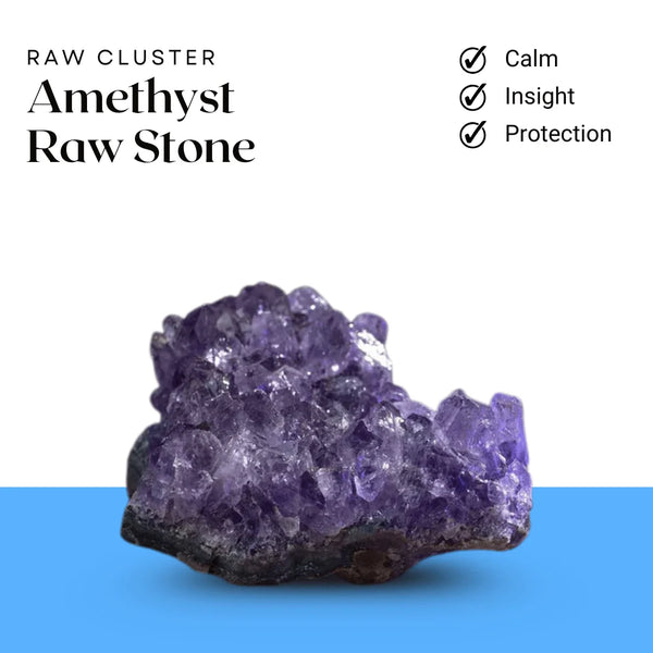 Amethyst raw stone cluster representing calm, insight, and protection.