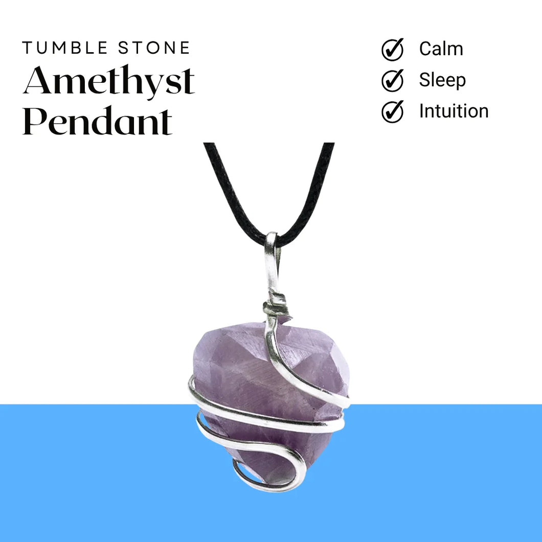 Natural tumbled amethyst stone pendant wrapped in silver wire and hanging from a cord necklace.