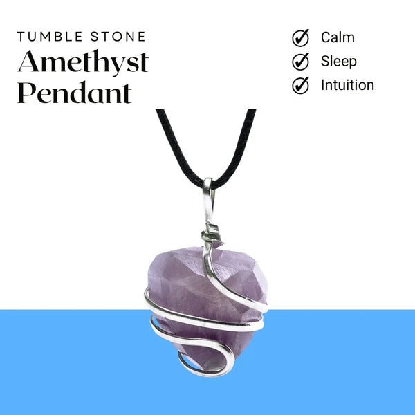 Natural tumbled amethyst stone pendant wrapped in silver wire and hanging from a cord necklace.