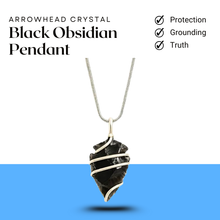 Load image into Gallery viewer, Black obsidian arrowhead crystal pendant with chain, a protective necklace for grounding and strength
