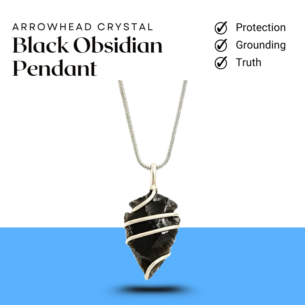 Black obsidian arrowhead crystal pendant with chain, a protective necklace for grounding and strength