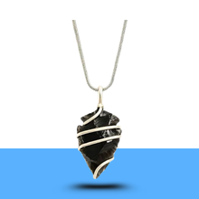 Load image into Gallery viewer, Black obsidian arrowhead pendant with chain displayed on a clean white background
