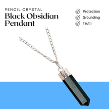 Load image into Gallery viewer, Black obsidian point pendant with a silver cap and chain displayed on a clean white background.
