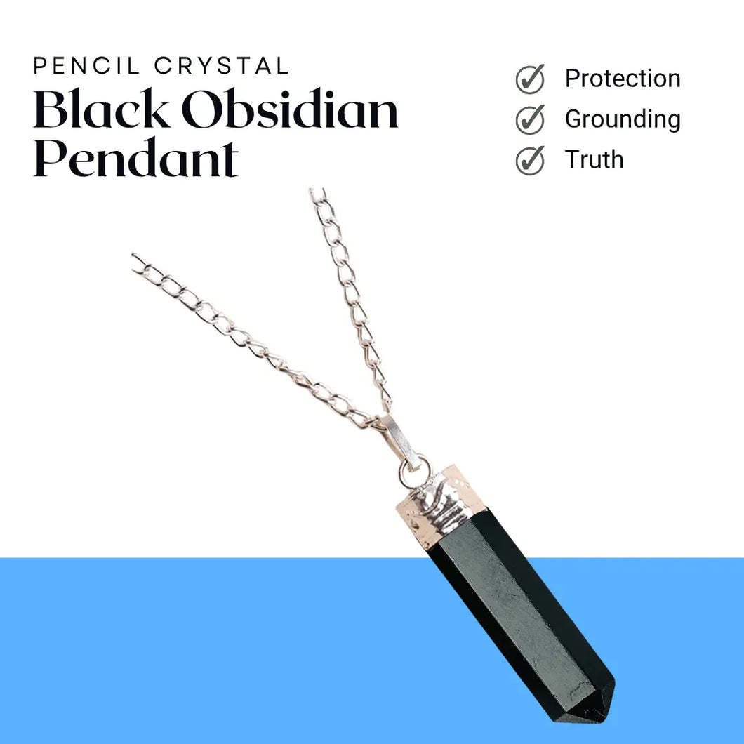 Black obsidian point pendant with a silver cap and chain displayed on a clean white background.