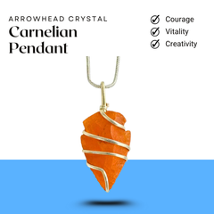 Carnelian arrowhead crystal pendant with chain for motivation, courage, and grounding